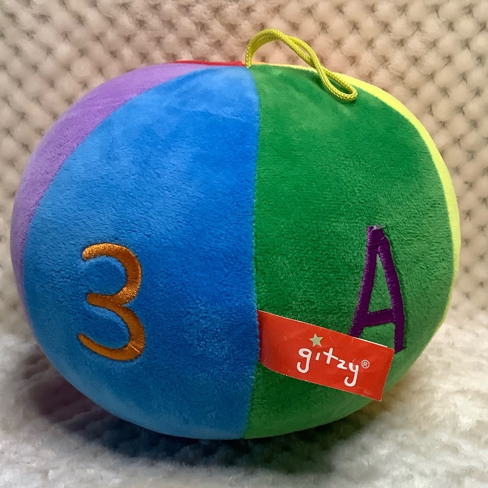 Gitzy Large ABC 123 Plush Round Ball Multi Coloured Ball Rattle Plush Toy